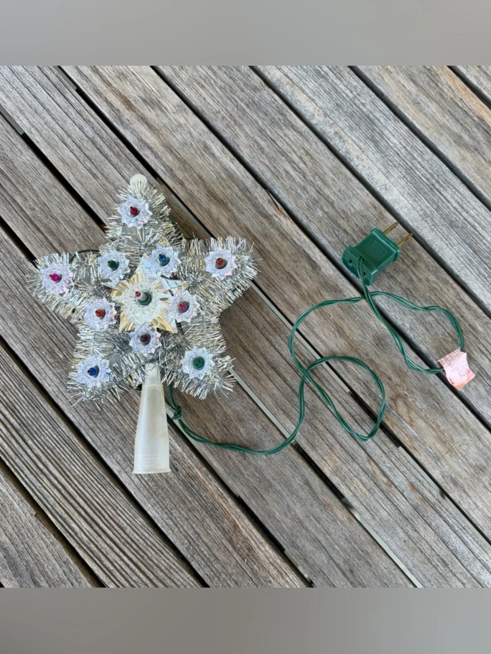 VTG MCM Silver Tinsel Blinking Light Star Tree Topper Multicolor Lights Works!